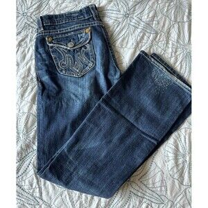 Y2K Dark Wash Low Rise Miss Me Oaxaca Bootcut Western Jeans Back Flap 27x34